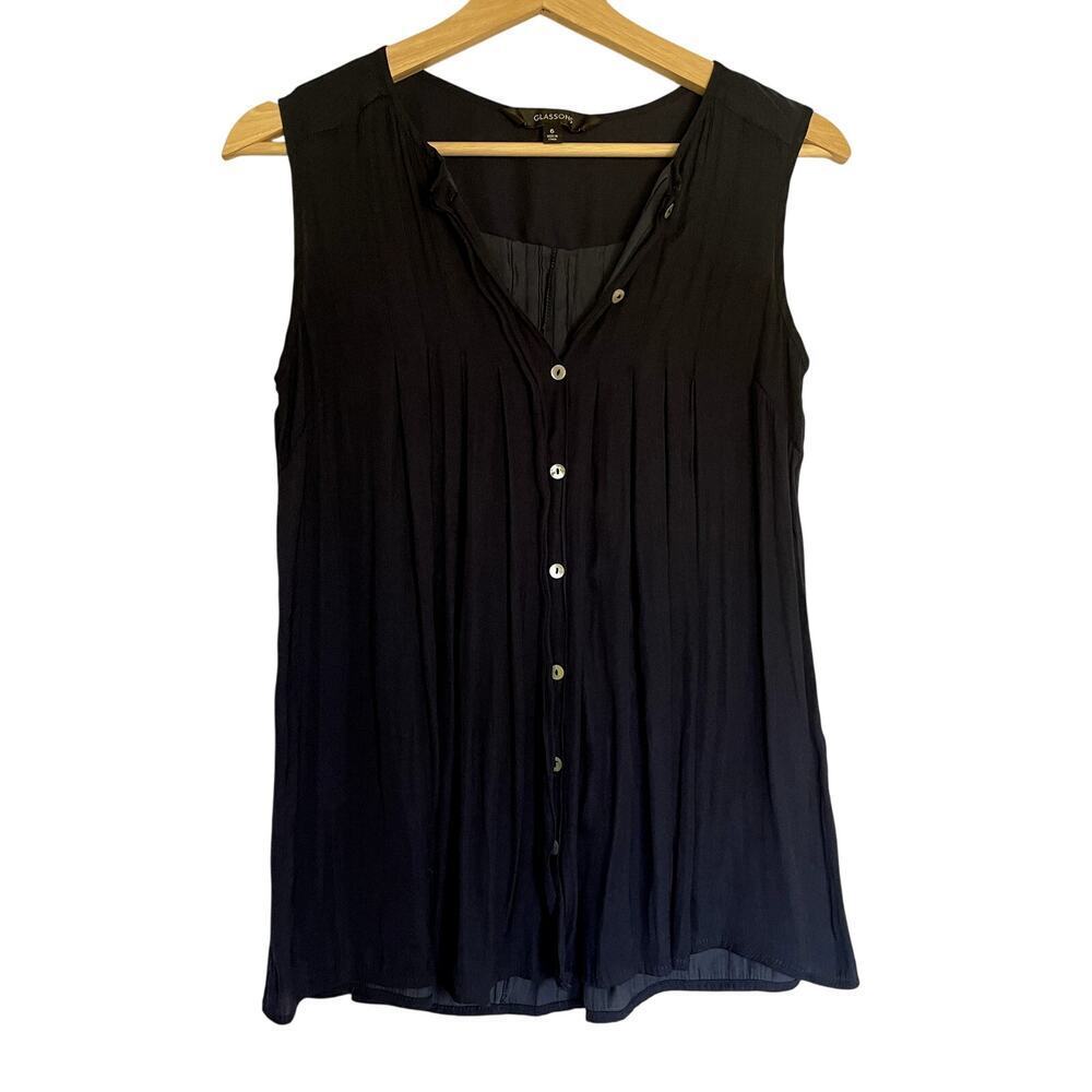 Glassons Pleated Button Front Blouse 6 Navy Blue Women Sleeveless Polyester